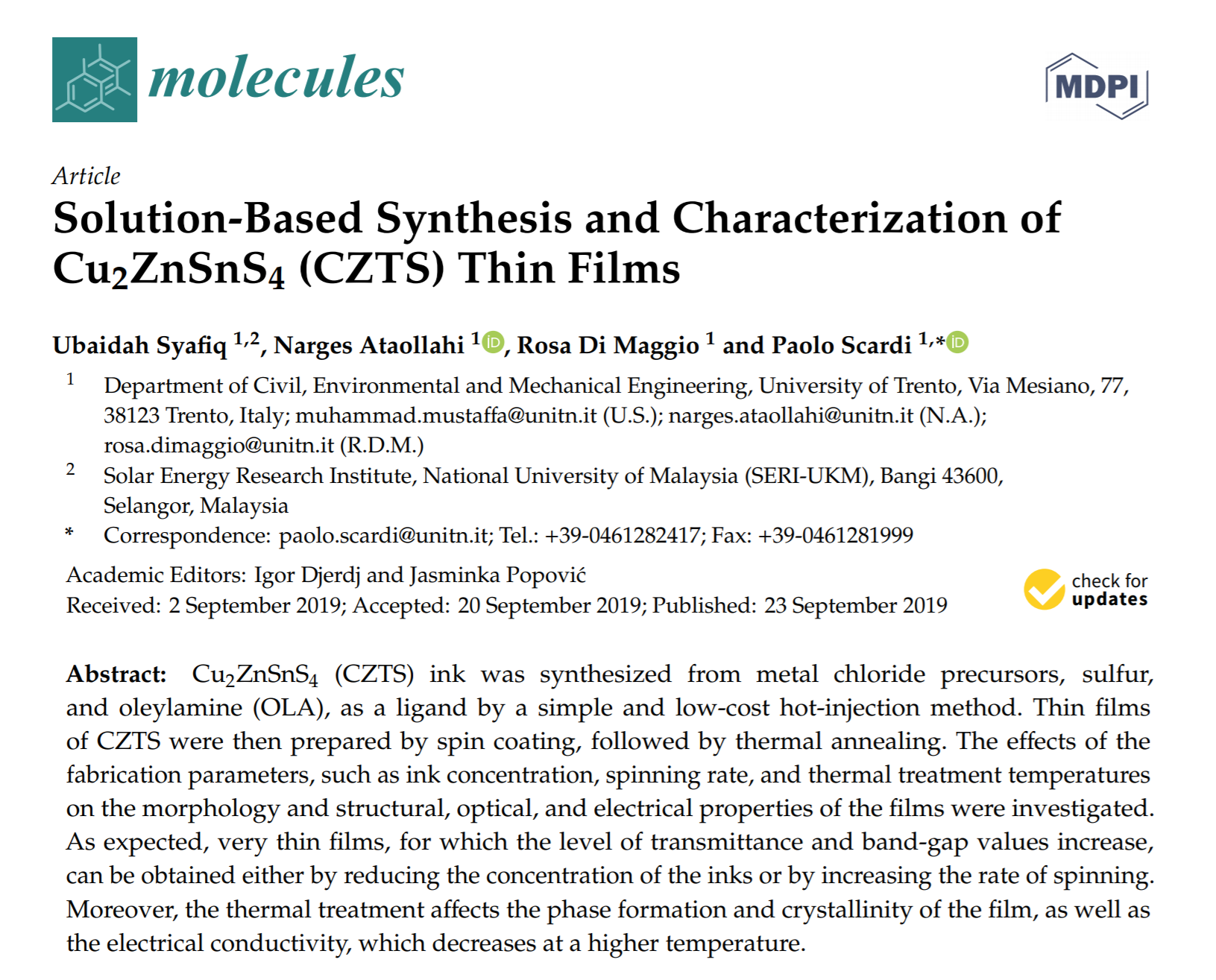 SOLUTION BASED SYNTHESYS AND CHARACTERIZATION OF CZTS
