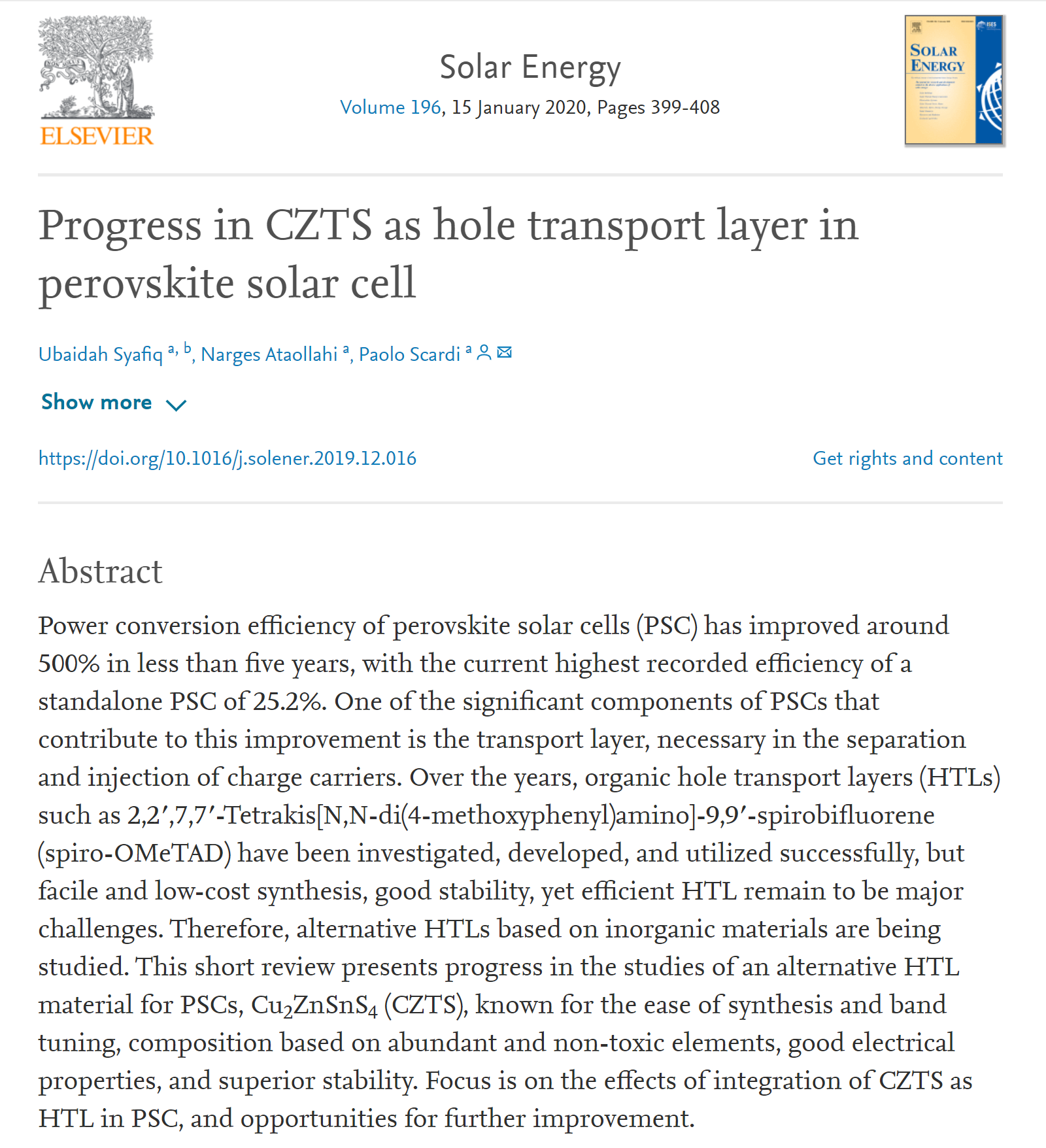 Progress in CZTS as hole transport