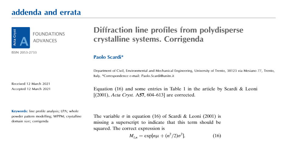 CORRIGENDA - DIFFRACTION LINE PROFILES FROM POLYDISPERSE CRYST SYS